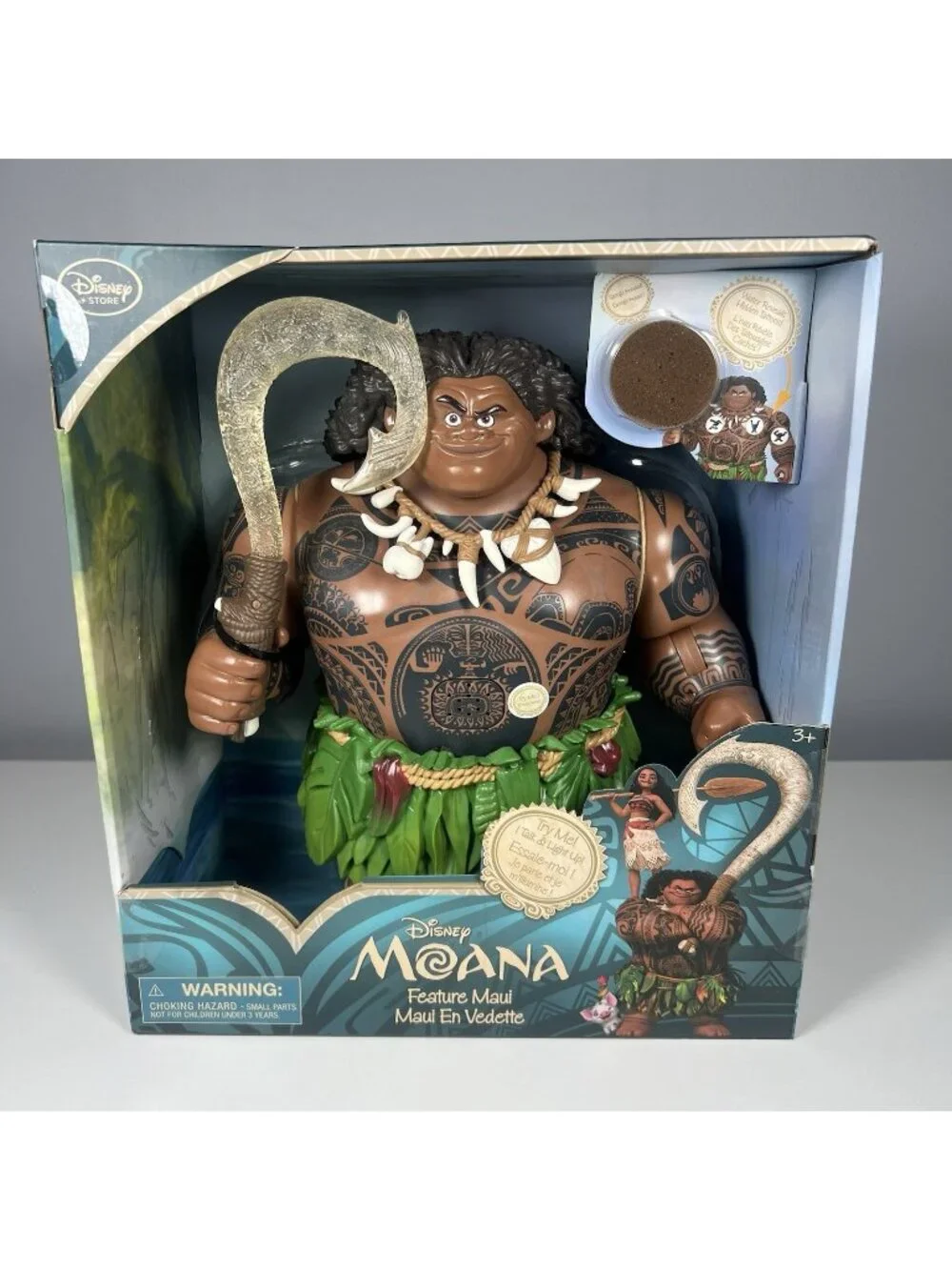 Disney Store Talking MAUI Action Figure Moana: Hidden Tattoos, Light-Up Fishhook
